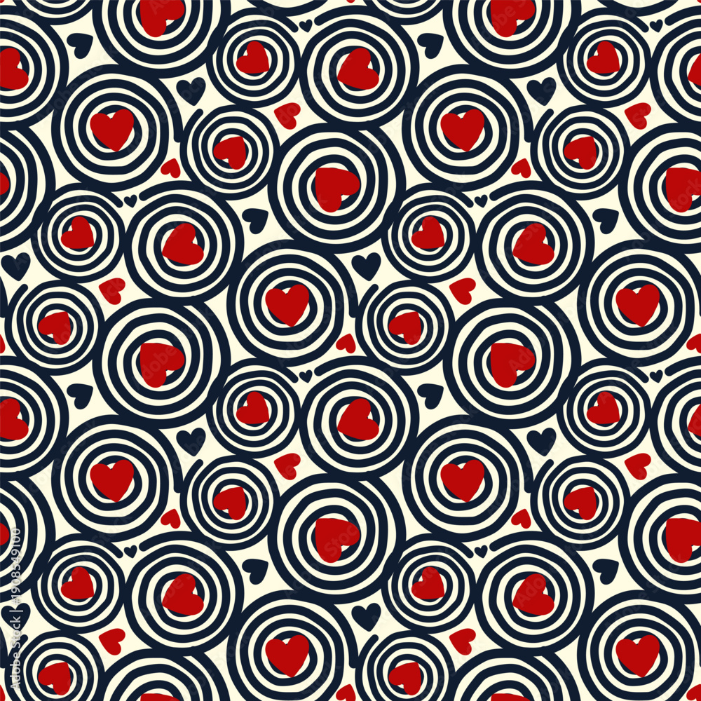 Fototapeta premium Small round blue spirals with red hearts isolated on a white background. Seamless pattern. Vector simple flat graphic illustration, hand drawn. Texture.