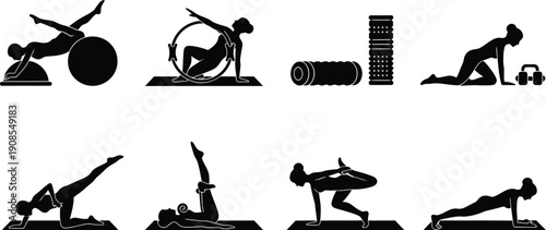 Yoga icon set for fitness and wellness various poses and equipment