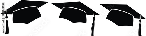 Black vector illustration of three graduation caps with tassels, academic achievement symbol for ceremony, education milestone, success celebration