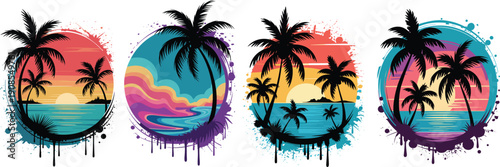 Grunge sunset palm silhouettes in circular frames, tropical beach scenes with ocean waves, retro neon gradients for coastal summer designs