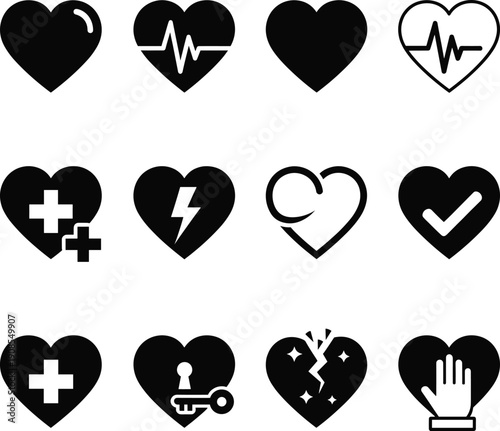 Large collection of black heart icons including medical heartbeat pulse health cross symbol checkmark and broken heart for diverse graphic design projects.