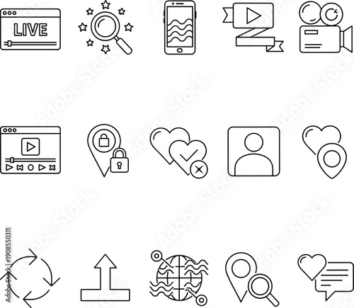 Set of professional line icons for strategic business growth, global networking, cloud computing, and innovative research concepts.