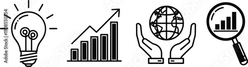 Universal business icon collection featuring global market research creative thinking data analytics financial charts teamwork collaboration project management and social media marketing symbols.