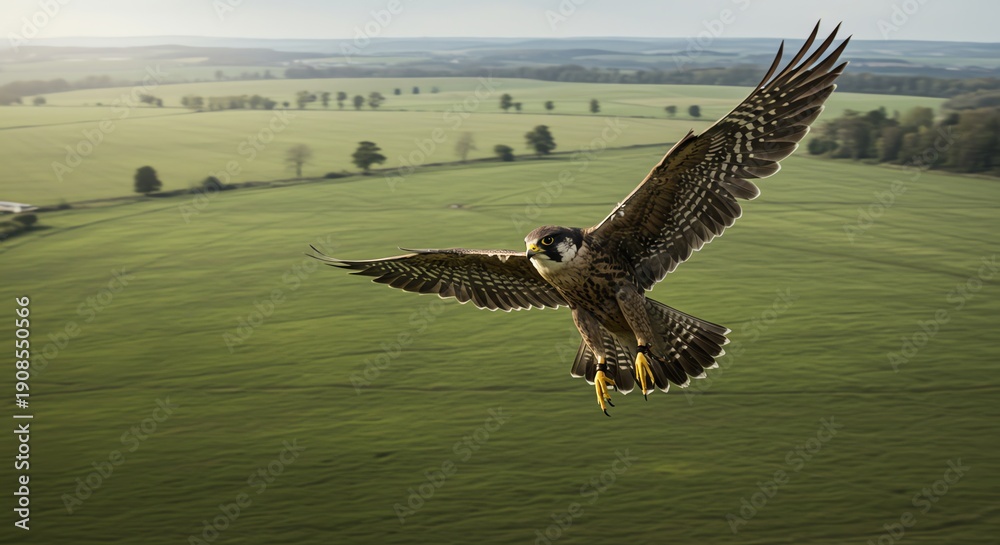 Fototapeta premium Peregrine falcon in flight over green fields