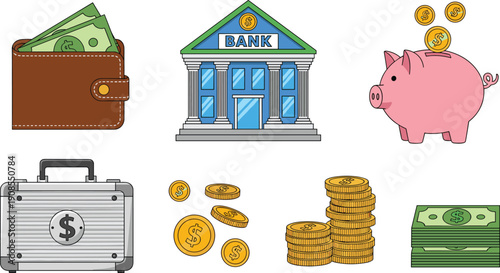 Money and banking icons illustration, wallet bank piggy bank coins cash briefcase finance vector isolated white background design