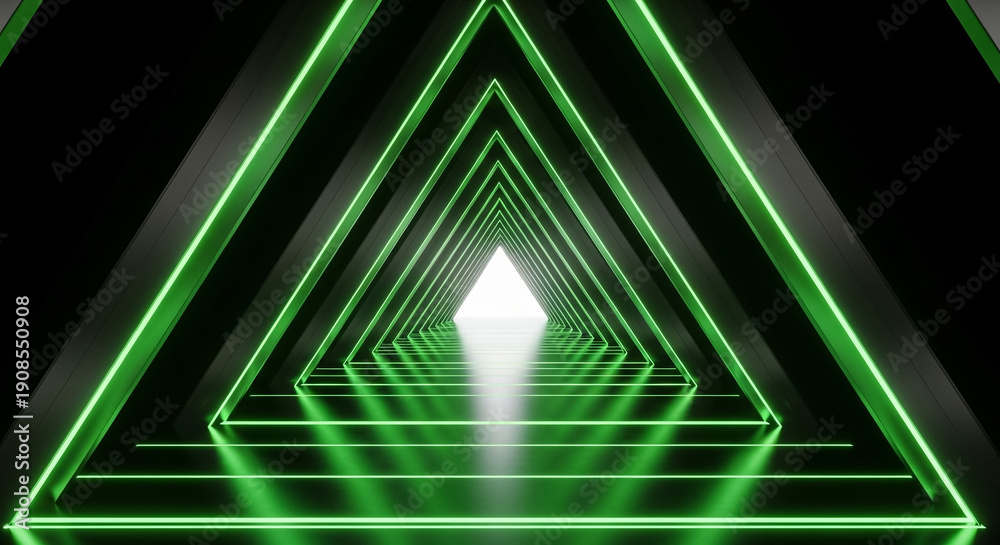Fototapeta premium An immersive dark tunnel formed by repeating triangular structures is vividly outlined with glowing green neon lights, leading towards an intense light at its end.