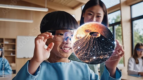 East Asian student using AR glasses to study Mars in a classroom