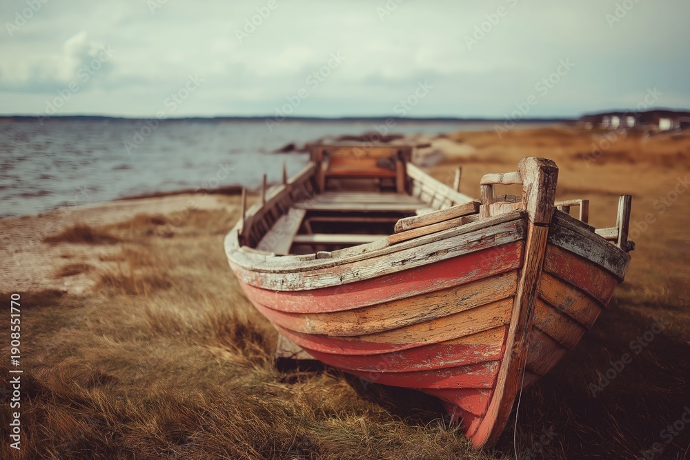 Fototapeta Rustic Boat on Shore, A Quiet Seascape, Evokes Peace and Nostalgia