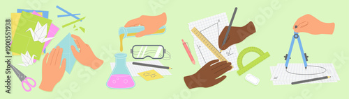 Hands performing origami, chemistry experiments, drawing geometric shapes, and using math tools on green background, representing creative and educational classroom tasks vector illustration