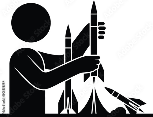 Person assembling a large model rocket with multiple components