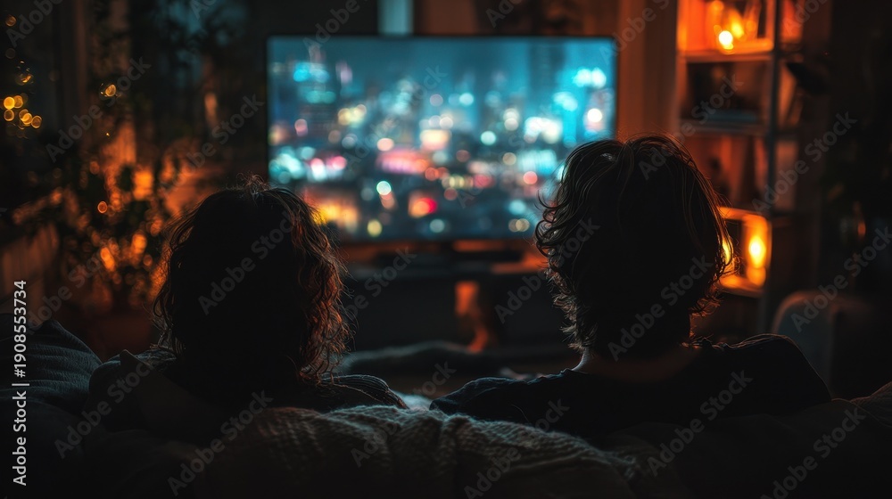 Obraz premium Partners Viewing TV at Night Screen