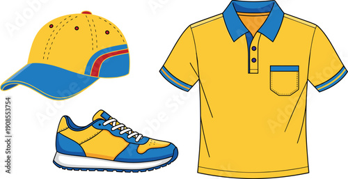 Yellow blue casual outfit illustration, polo shirt sneaker cap set, modern fashion apparel vector design isolated white background