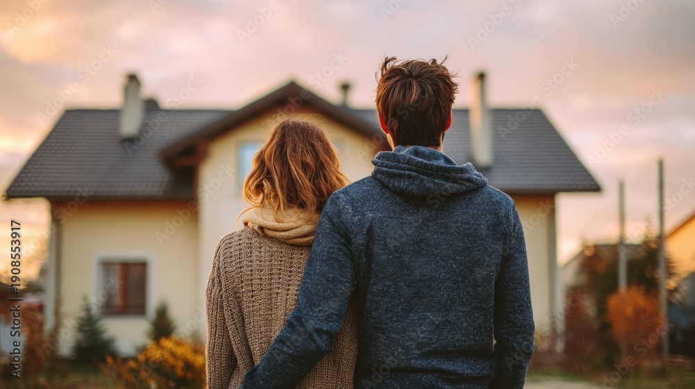 Obraz premium Rear view of a young couple by their new home