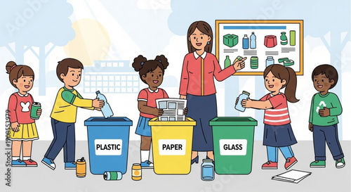 Children and teacher sorting recyclables into plastic paper and glass bins in school