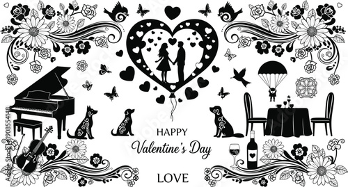 Happy Valentine Day Vector Set, Romantic Couple Silhouette, Floral Heart, Piano, Violin, Wine, Love Birds, Dogs, Flowers, Elegant Wedding Elements.