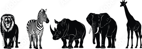 African wildlife animal silhouettes set featuring lion zebra rhinoceros elephant and giraffe isolated on white background vector illustration collection for nature and safari design projects