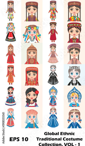 Global Ethnic Traditional Costume Collection Vol. 1. Vector Illustration of Dolls in Diverse Folk Dress, Featuring Central Asian, Eastern European, and Mediterranean Cultural Apparel