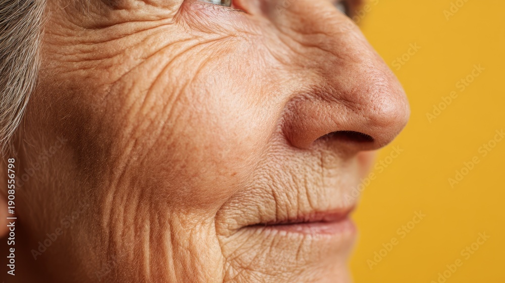 Fototapeta premium A detailed shot highlights an elderly woman s chin revealing wrinkles and skin detail while the warm yellow background underscores natural aging