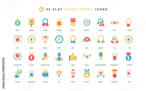 Medals and awards of first place, best quality and honor of author and winner color icon set. Rosette seal with ribbon, certified diploma and thumbs up, acknowledgment flat element vector illustration