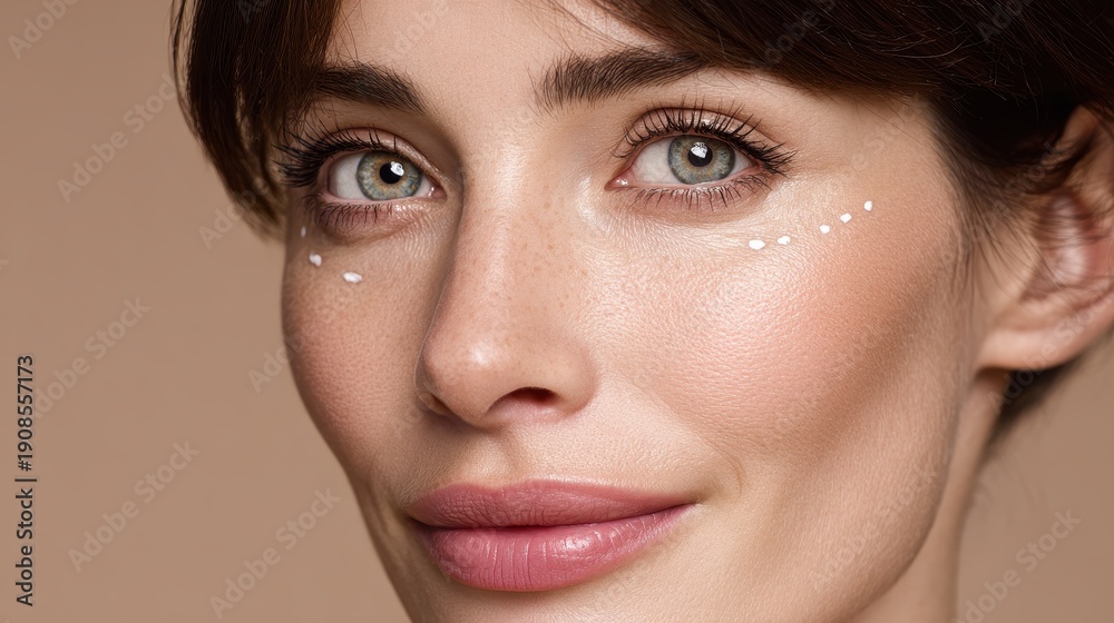 Fototapeta premium Detailed view of a stunning woman s face with flawless skin enhanced by anti aging creams Themes beauty purity perfection