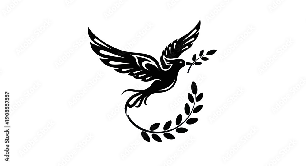 Fototapeta premium Black dove silhouette with olive branch
