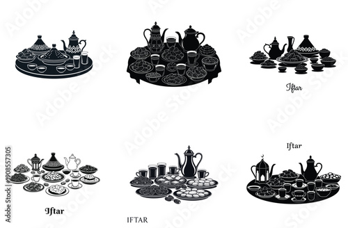 Ramadan Iftar Traditional Arabic Food and Tea Vector Illustration Set