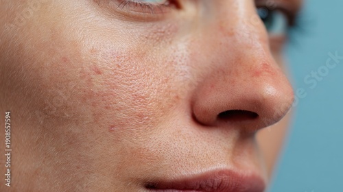 Close up of a woman s face highlighting skin issues like dryness acne wrinkles and other flaws against a blue backdrop