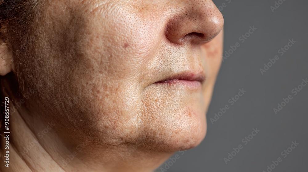 Obraz premium Image depicting sagging facial skin under eye cellulite blemishes and wrinkles on a middle aged woman reflecting health concerns