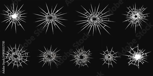 Collection of realistic cracked glass effects and shattered window impacts on a black background, vector illustration