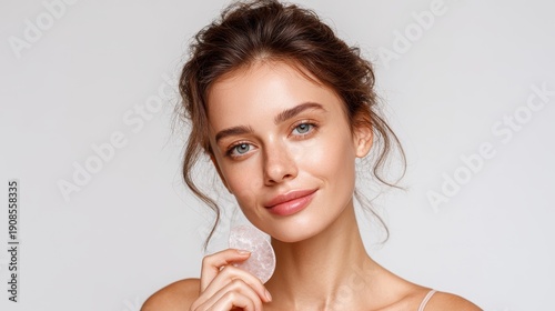 Attractive unclothed woman using quartz Gua sha tool for facial massage Vertical layout on white background with space for text