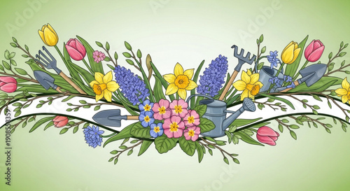 Vibrant spring flowers arrangement with colorful blooms on white ribbon green background