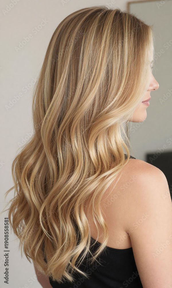 Naklejka premium woman profile behind showcasing long wavy shiny blonde hair cascading soft natural light