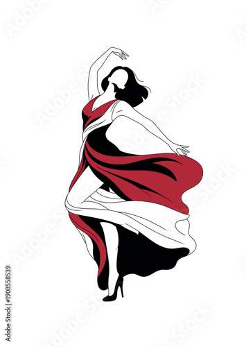 Elegant woman dancing in a flowing red and black dress.
