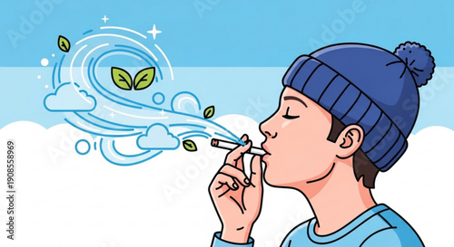 Man in blue hat smokes cigarette with swirling green leaves and clouds