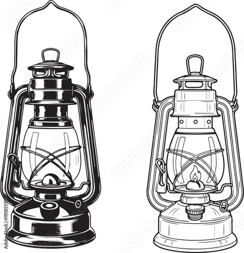 Vintage Kerosene Lantern Set Engraving Style Retro Light, Set of four vintage kerosene lanterns illustrated in different black and white graphic styles