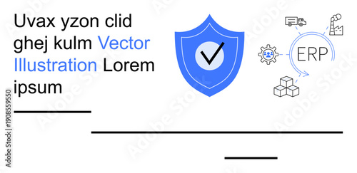 Data security, enterprise management, software systems, risk management, process optimization, technology solutions. Blue shield with a check mark and ERP-related icons. Data security and enterprise