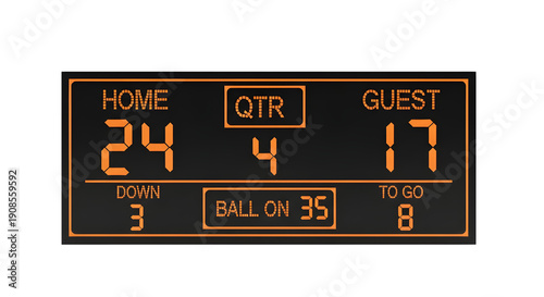 Digital football scoreboard displaying home team leading guest team in fourth quarter isolated on transparent background