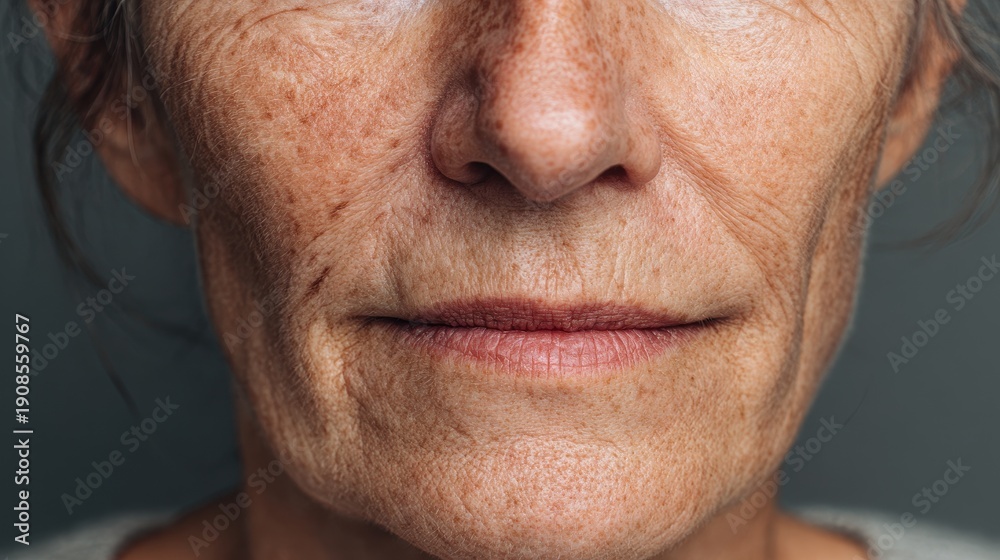 Obraz premium Illustration of aging features in a 55 year old woman s face including wrinkles sagging skin dark spots and scars within a health and beauty context