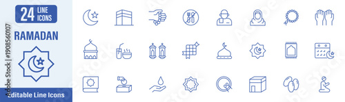 Ramadan and Islamic line icon. Contains icons as Ramadan Kareem, Islamic, Quran, mosque, praying, lantern  and more. Vector illustration.