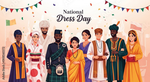 Diverse group of people wearing traditional cultural clothing on national dress day celebration