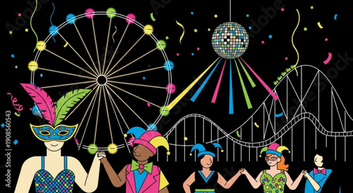Carnival celebration with people wearing colorful masks and hats under a ferris wheel and disco ball