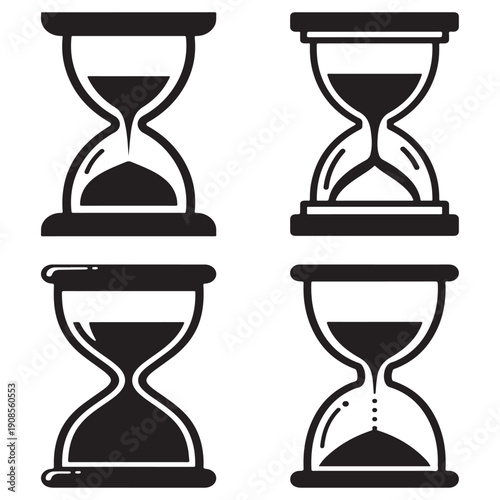 Four black and white hourglass icons in different positions and sand flow  time concept