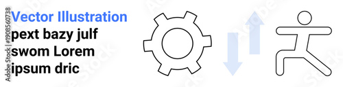 Gear icon alongside figure and up-down arrows indicating collaboration, productivity, development, progression, strategy, active engagement, and efficient processes. Ideal for simple landing page