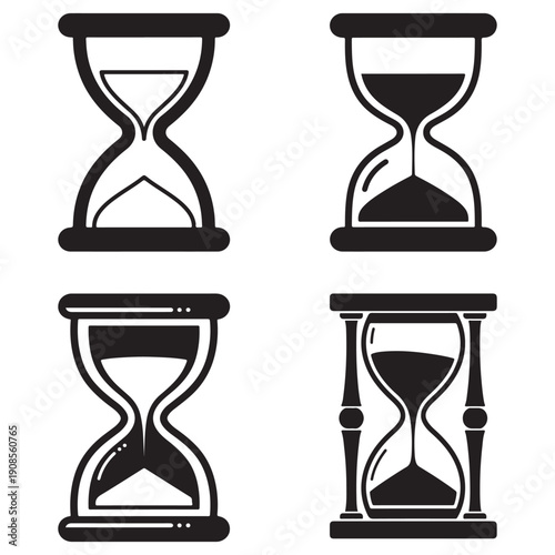 Four different hourglass illustrations in black on white background for time concept  hourglasses with varying sand levels and designs