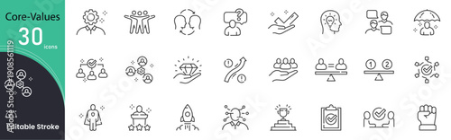 Core Values related icon collections. Containing Integrity, Trust, Respect, Responsibility, Honesty, Loyalty, Commitment, Excellence, Leadership, and Teamwork icons. Editable Stroke. 