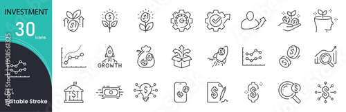 Investment related icon collections. Containing Investment, Profit, Portfolio, Money, Coins, Stock, Saving, Wealth, Growth, Fund, and Finance icons. Editable Stroke icon.