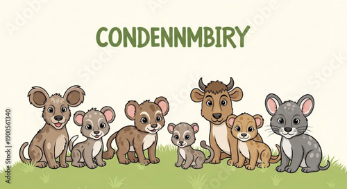 Cute cartoon animals family with mouse bull and rabbit on green grass