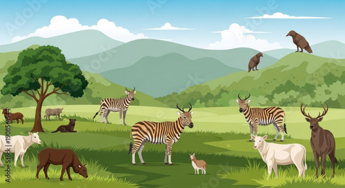 Wild animals grazing in a serene savannah landscape with mountains