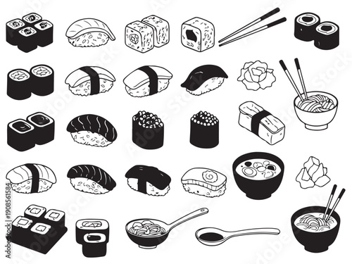 Sushi rolls maki nigiri sashimi japanese food chopsticks bowls ingredients  various sushi and sushi making elements