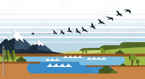 Migrating birds fly over serene lake with mountains and trees landscape